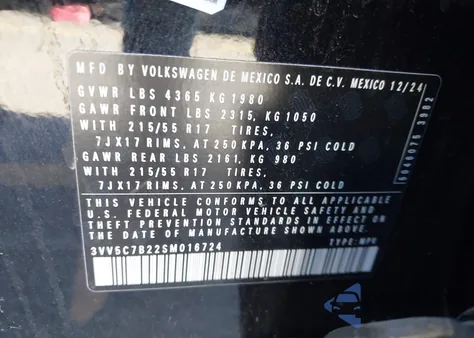 2025 Volkswagen Taos 1.5T S from USA, damaged, VIN 3VV5C7B22SM016724